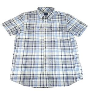 Prana Shirt Mens Medium Blue White Gray Check Pockets Button‎ Front Short Sleeve